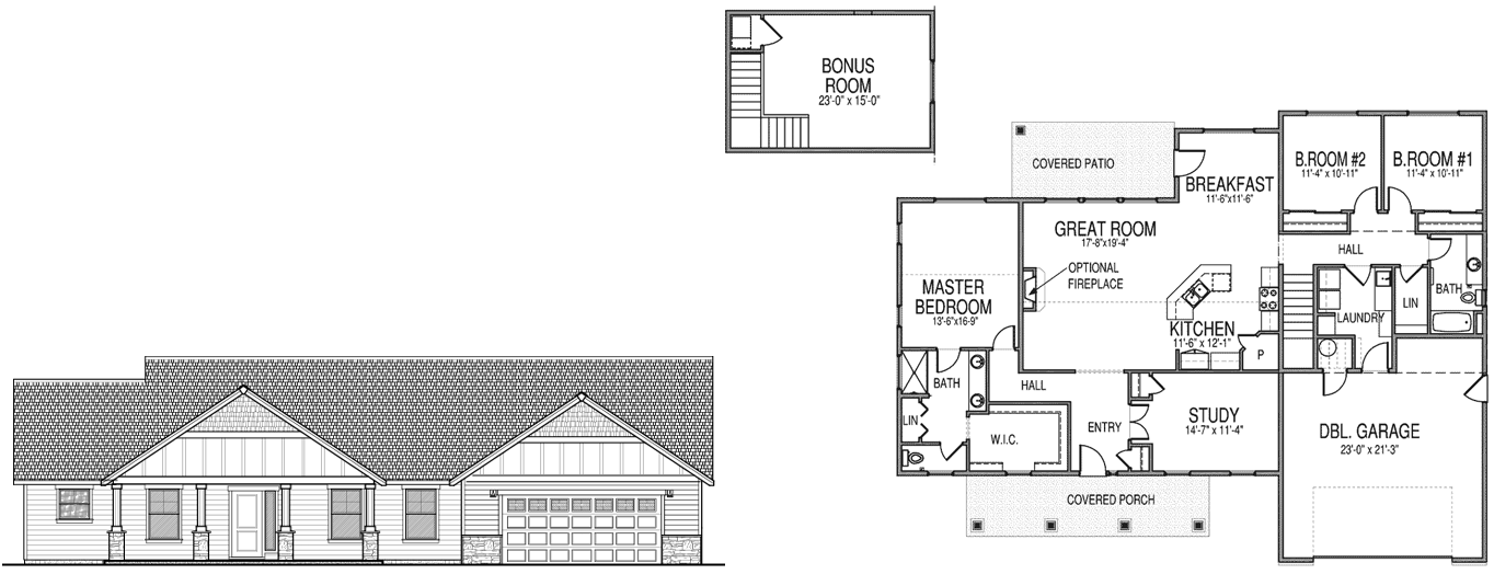 Taft 2 two story home floor plan with a master bedroom with a walk in closet and bathroom, 2 additional bedrooms, another bathroom, storage closet, a great room, dining space, kitchen, pantry, laundry room, study, double garage, covered porch and patio, and second floor with a bonus room