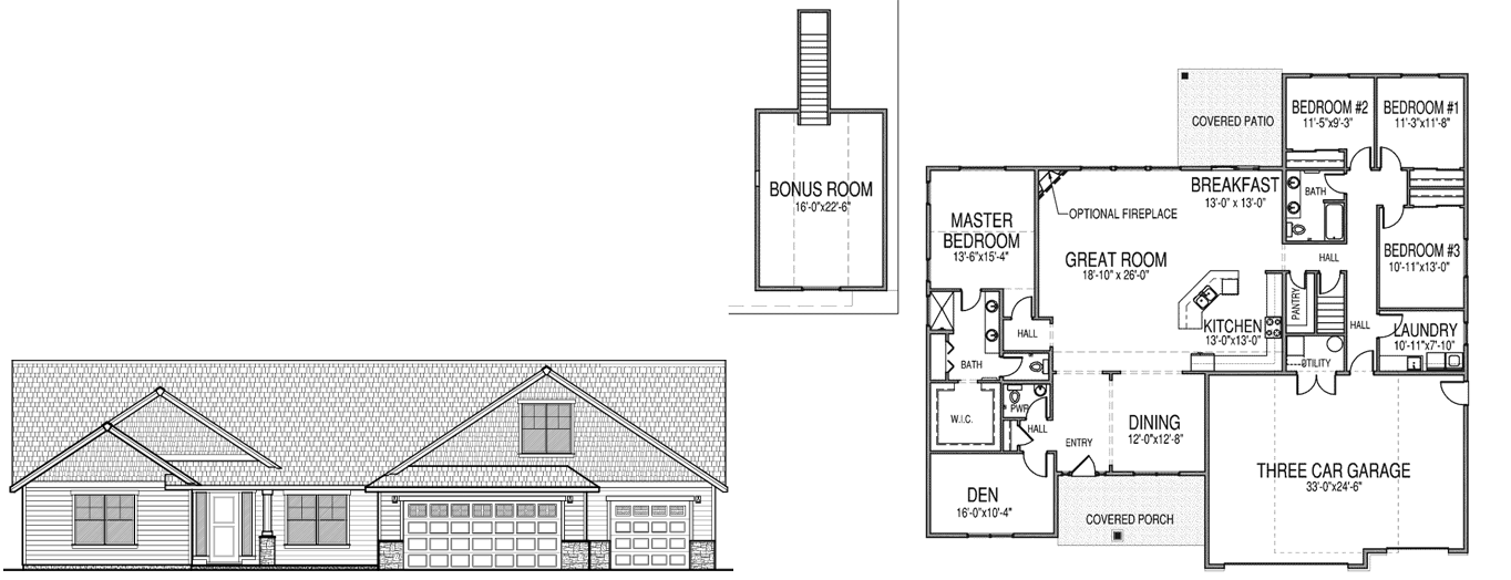 Tribute 2 two story home floor plan with a master bedroom with a walk in closet and bathroom, 3 additional bedrooms, another bathroom, a great room, dining space, kitchen, pantry, utility closet, laundry room, den, three car garage, covered porch and patio, and second floor with a bonus room