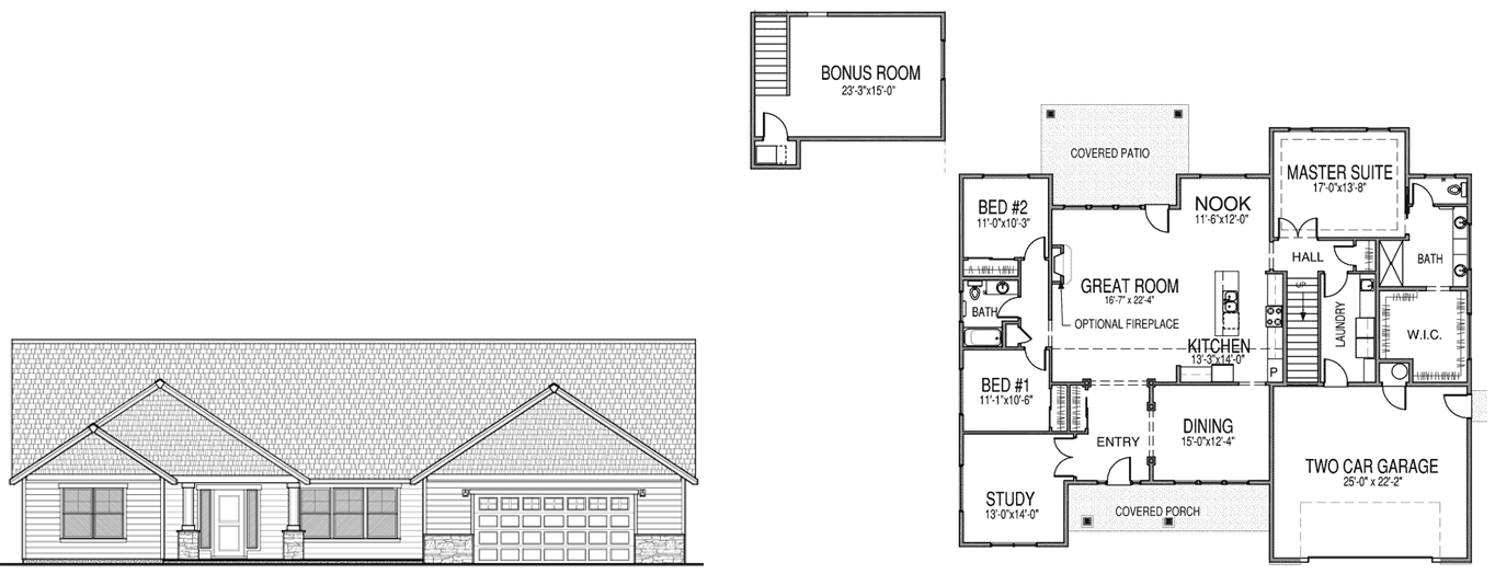 Kennedy 2 two story home floor plan with a master bedroom with a walk in closet and bathroom, 2 additional bedrooms, another bathroom, a great room, nook, dining room, kitchen, pantry, laundry room, study, double garage, a covered porch and patio, and second floor with a bonus room