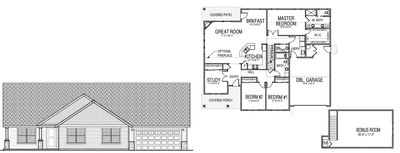 Roosevelt 2 two story home floor plan with a master bedroom with a walk in closet and bathroom, 2 additional bedrooms, another bathroom, a great room, dining space, kitchen, pantry, laundry room, study, double garage, covered porch and patio, and second floor with a bonus room