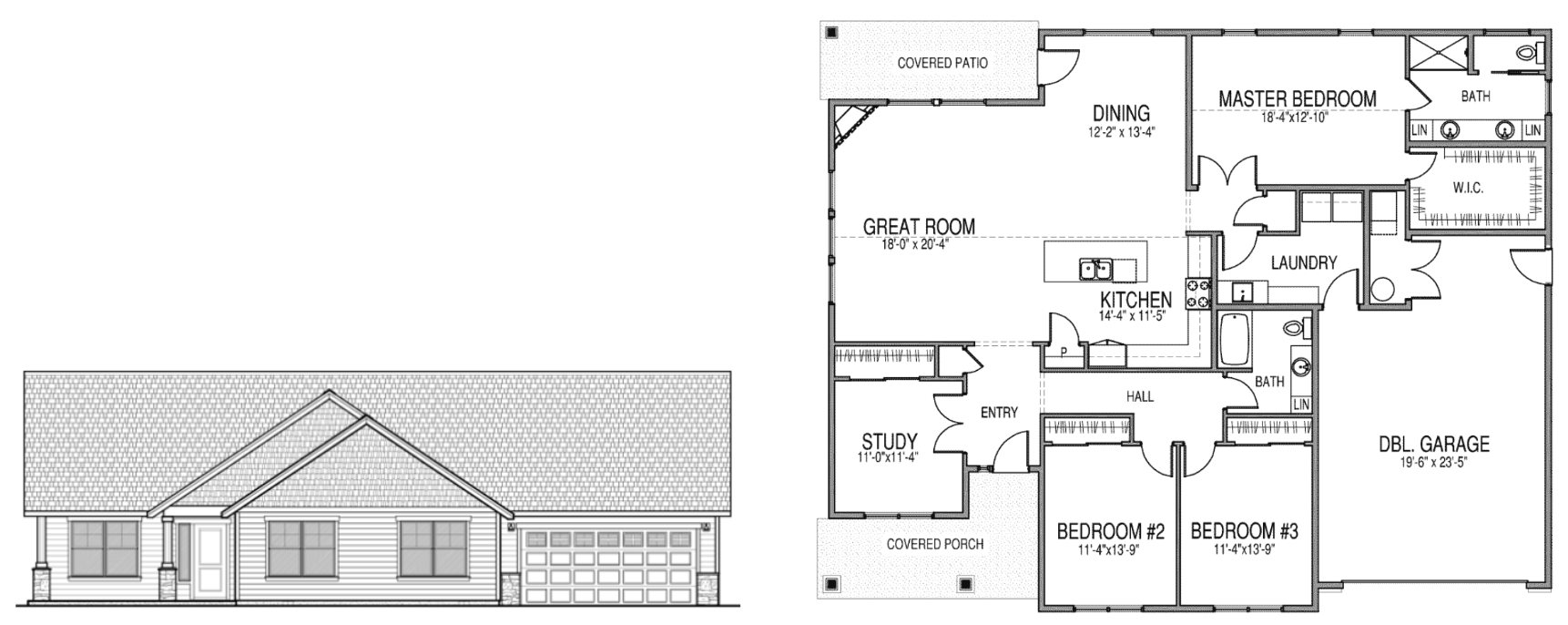 Roosevelt 1 single story home floor plan with a master bedroom with a walk in closet and bathroom, 2 additional bedrooms, another bathroom, a great room, dining space, kitchen, pantry, laundry room, study, double garage, and a covered porch and patio