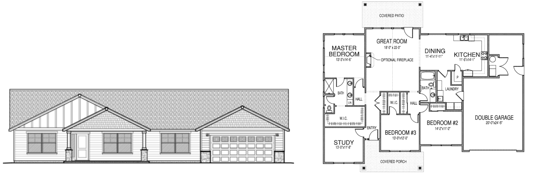 Hamilton single story home floor plan with a master bedroom with a walk in closet and bathroom, 2 additional bedrooms with one having a walk in closet, another bathroom, a great room, dining room, kitchen, laundry room, study, double garage, and a covered porch and patio