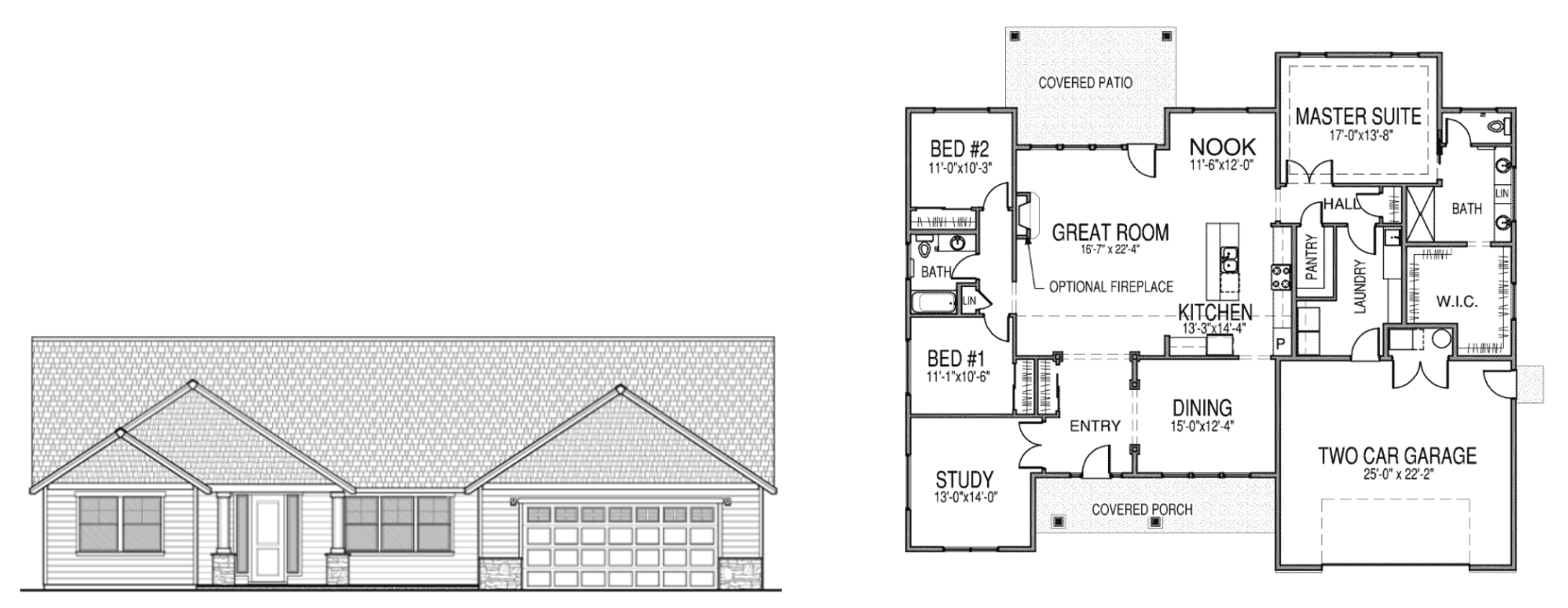 Kennedy 1 single story home floor plan with a master bedroom with a walk in closet and bathroom, 2 additional bedrooms, another bathroom, a great room, nook, dining room, kitchen, pantry, laundry room, study, double garage, and a covered porch and patio