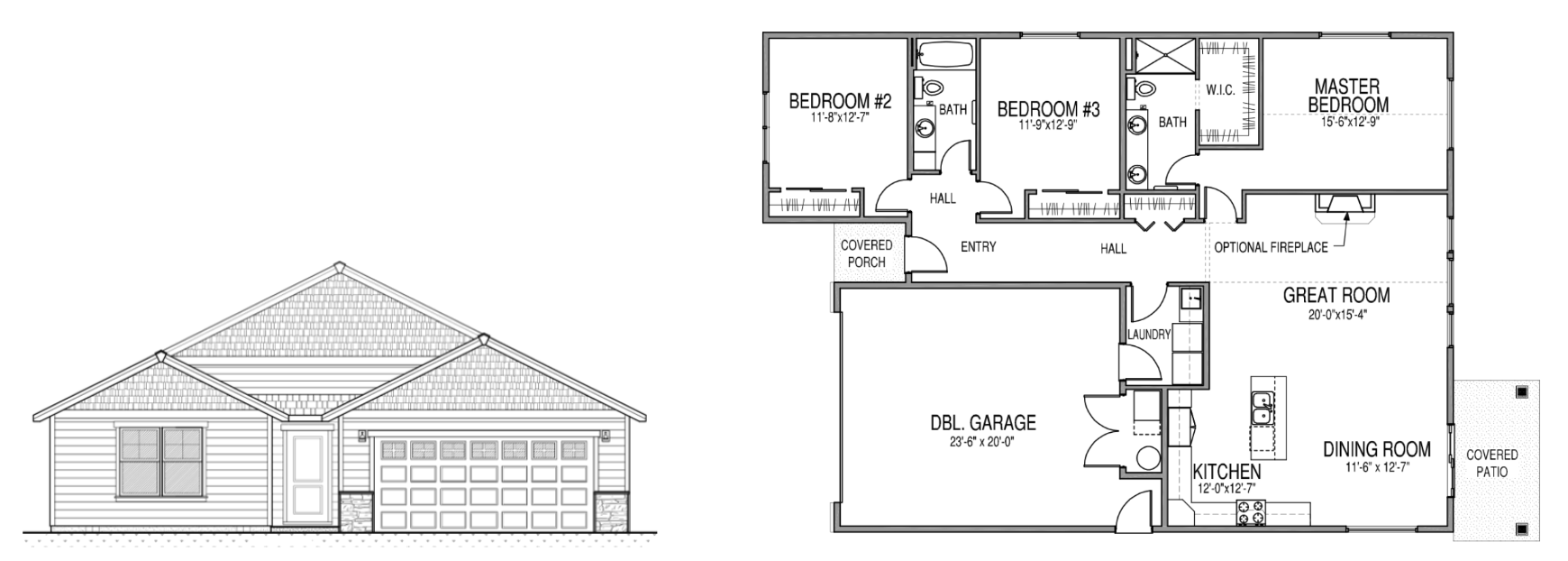 Liberty single story home floor plan with a master bedroom with a walk in closet and bathroom, 2 additional bedrooms, another bathroom, a great room, dining room, kitchen, laundry room, double garage, and a covered porch and patio