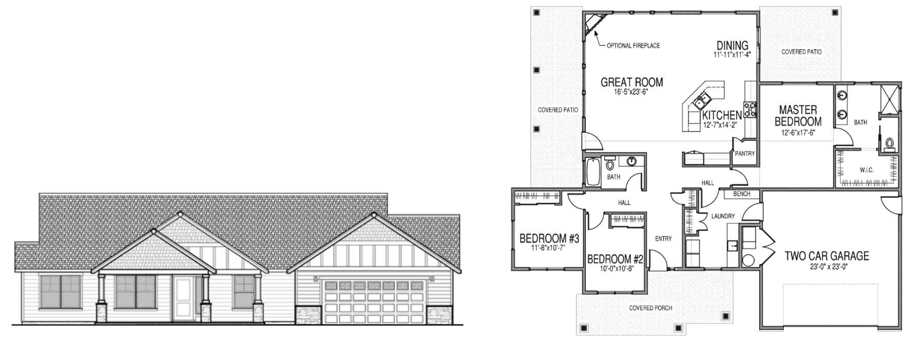 Monroe 1 single story home floor plan with a master bedroom with a walk in closet and bathroom, 2 additional bedrooms, another bathroom, a great room, dining space, kitchen, pantry, laundry room, double garage, and a covered porch and patio