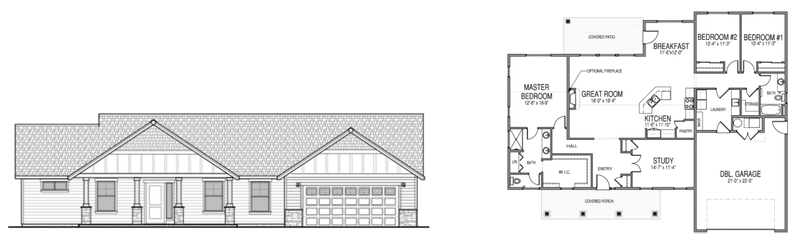 Taft 1 single story home floor plan with a master bedroom with a walk in closet and bathroom, 2 additional bedrooms, another bathroom, storage closet, a great room, dining space, kitchen, pantry, laundry room, study, double garage, and a covered porch and patio