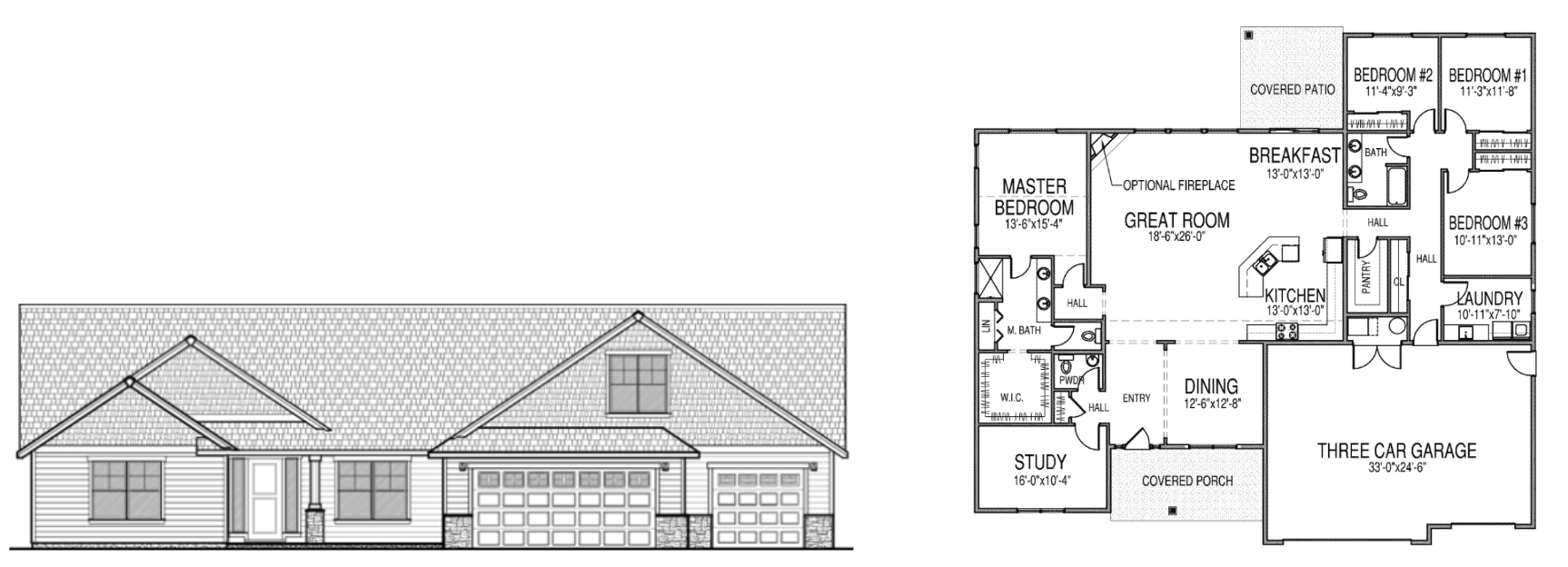 Tribute single story home floor plan with a master bedroom with a walk in closet and bathroom, 3 additional bedrooms, another bathroom, a great room, dining space, kitchen, pantry, closet, laundry room, study, three car garage, and a covered porch and patio