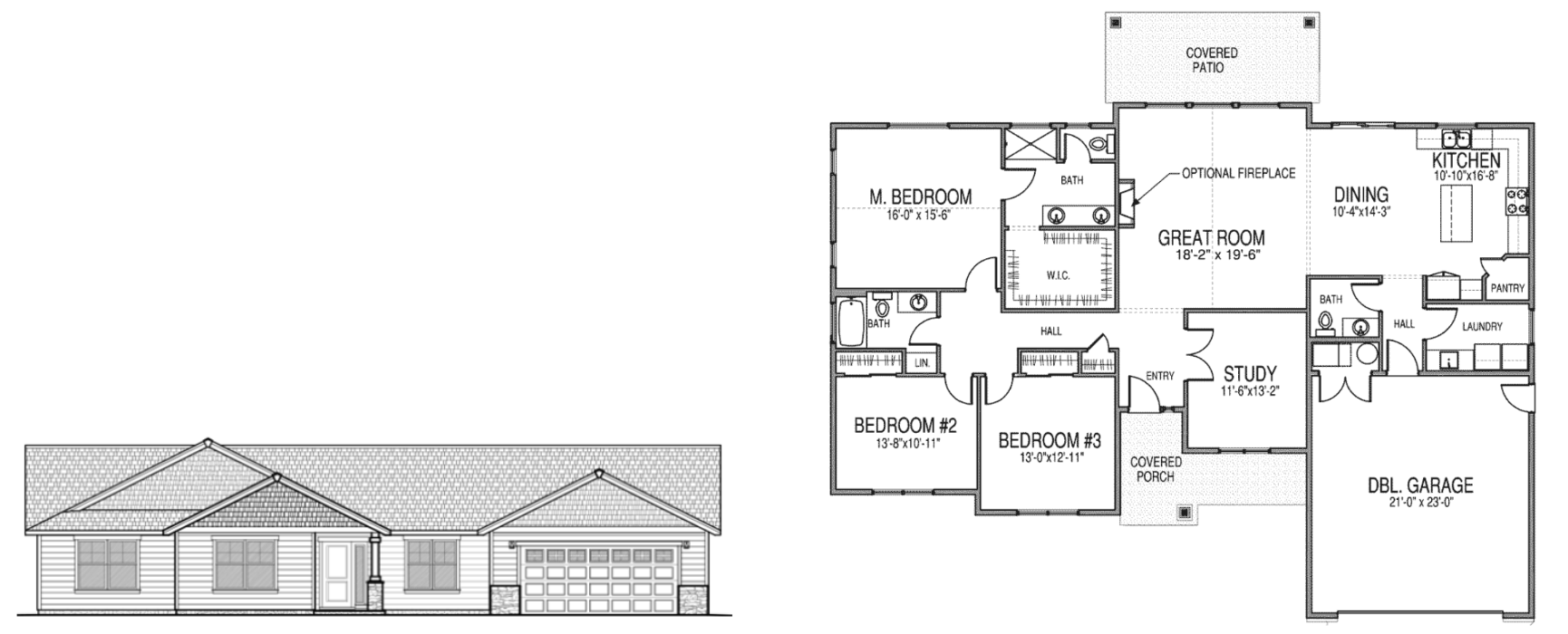 Washington single story home floor plan with a master bedroom with a walk in closet and bathroom, 2 additional bedrooms, another bathroom, a great room, dining space, kitchen, pantry, laundry room, study, double garage, and a covered porch and patio